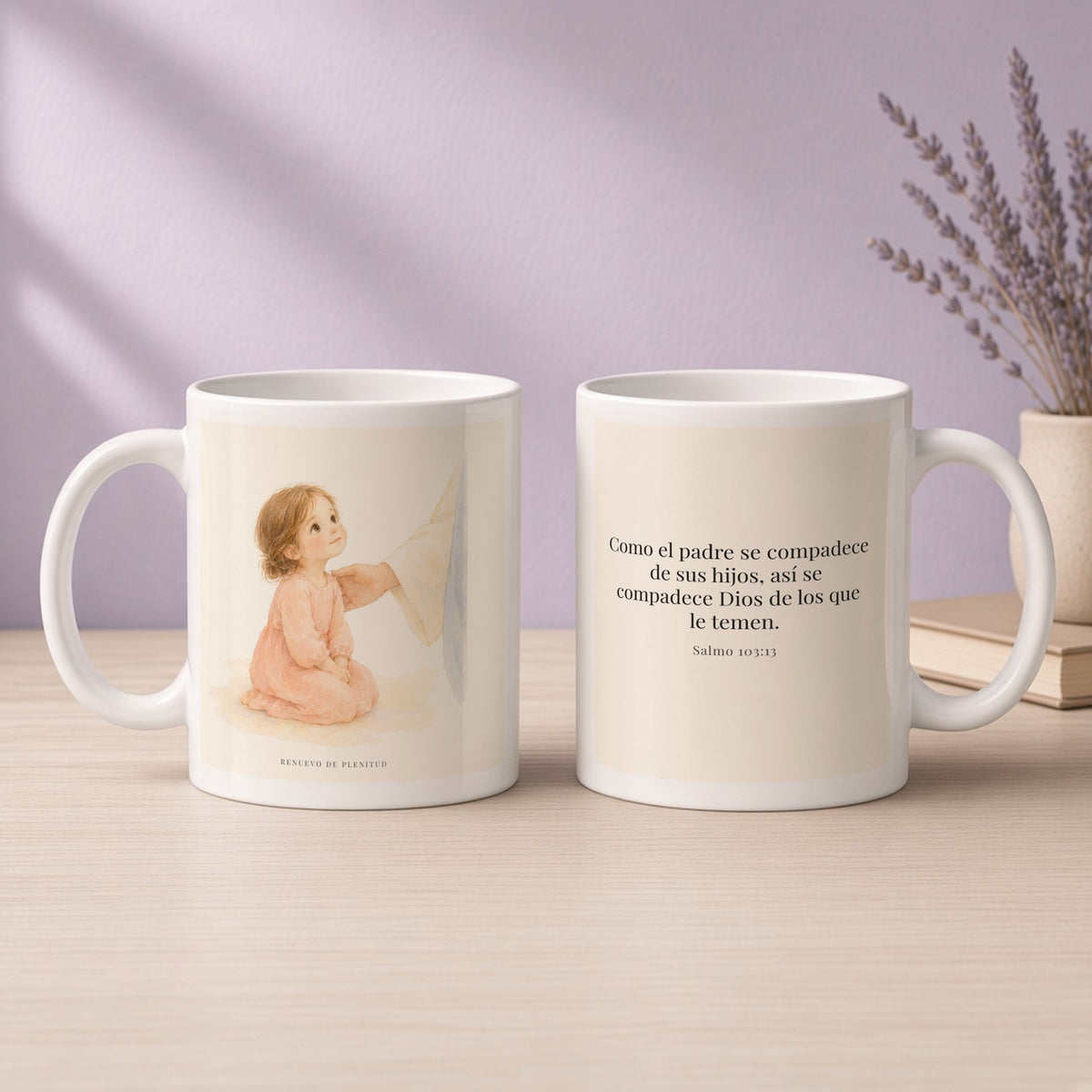 Como el padre se compadece de sus hijos | Taza de fe para cada mañana | Salmo 103:13 — 11oz · Devocional lavanda, arte y frase devocional en dos tazas