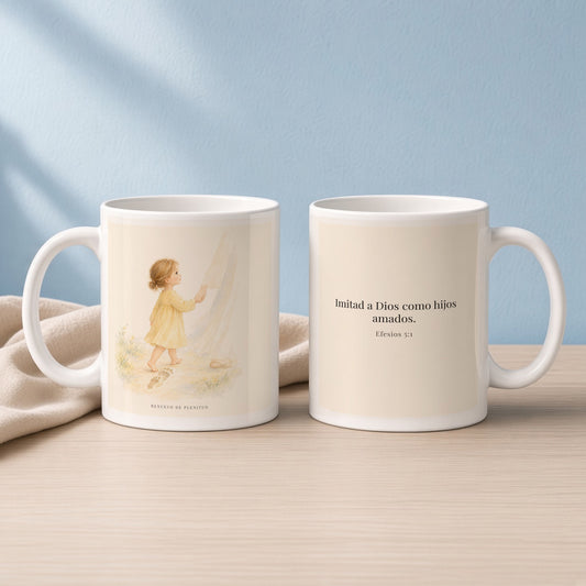 Imitad a Dios como hijos amados | Taza bíblica de cerámica | Efesios 5:1 — 11oz · Lectura azul sereno, arte y frase devocional en dos tazas
