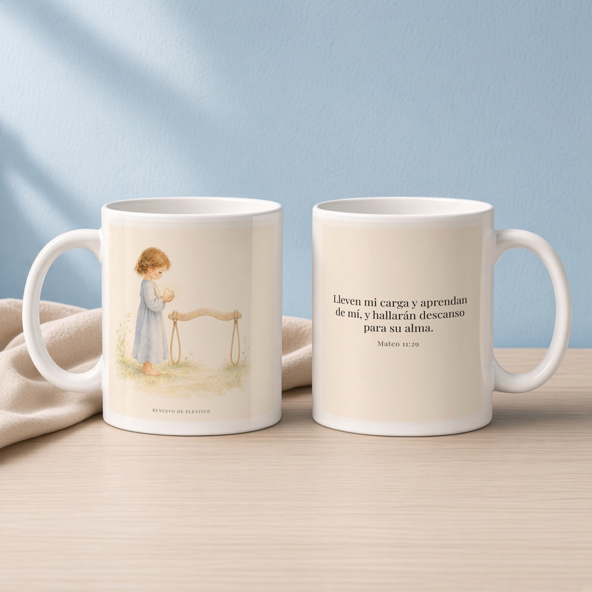 Yo te daré descanso para tu alma | Taza devocional ilustrada | Mateo 11:29 — 11oz · Lectura azul sereno, arte y frase devocional en dos tazas