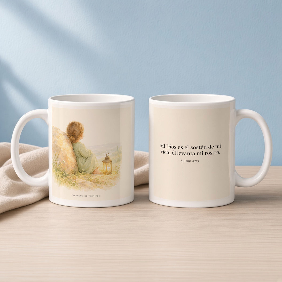 Dios es el sostén de mi vida | Taza de fe para cada mañana | Salmo 42:5 — 11oz · Lectura azul sereno, arte y frase devocional en dos tazas