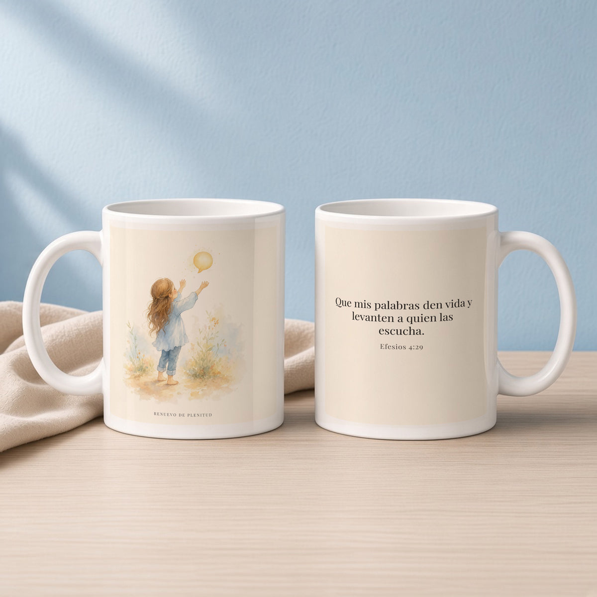Mis palabras dan vida | Taza de inspiración bíblica | Efesios 4:29 — 11oz · Lectura azul sereno, arte y frase devocional en dos tazas