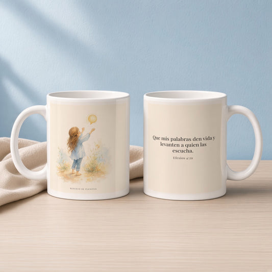 Mis palabras dan vida | Taza de inspiración bíblica | Efesios 4:29 — 11oz · Lectura azul sereno, arte y frase devocional en dos tazas