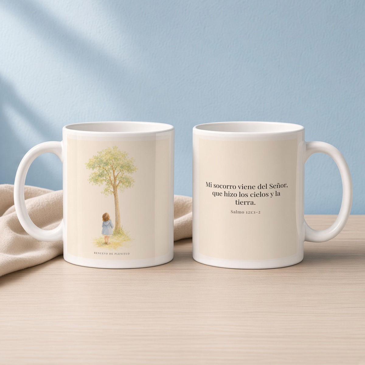 Mi socorro viene de Jehová | Taza con arte cristiano | Salmo 121:1-2 — 11oz · Lectura azul sereno, arte y frase devocional en dos tazas
