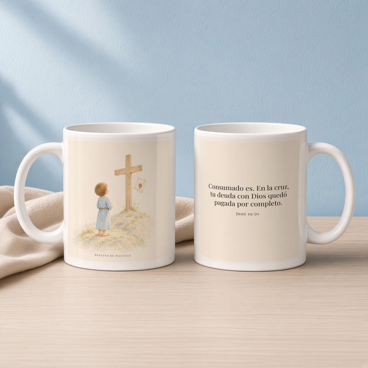 Consumado es: mi deuda quedó pagada | Taza cristiana con frase devocional | Juan 19:30 — 11oz · Lectura azul sereno, arte y frase devocional en dos tazas