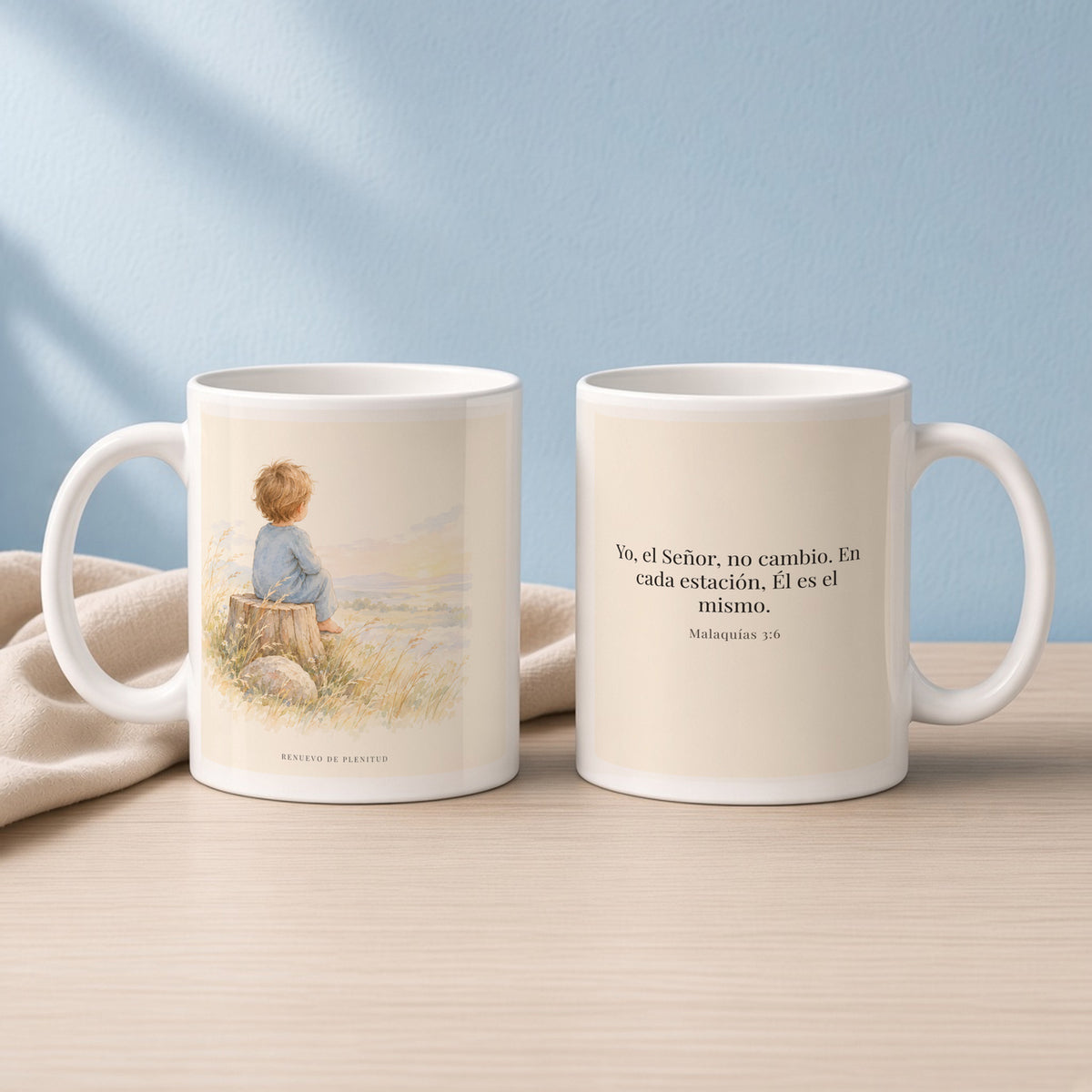 Yo, Jehová, no cambio | Taza devocional de fe | Malaquías 3:6 — 11oz · Lectura azul sereno, arte y frase devocional en dos tazas