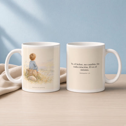 Yo, Jehová, no cambio | Taza devocional de fe | Malaquías 3:6 — 11oz · Lectura azul sereno, arte y frase devocional en dos tazas