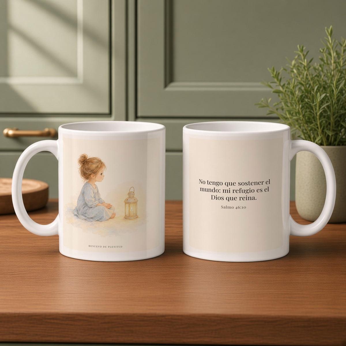 El Señor de los ejércitos está con nosotros | Taza bíblica de cerámica | Salmo 46:10 — 11oz · Cocina verde salvia, arte y frase devocional en dos tazas