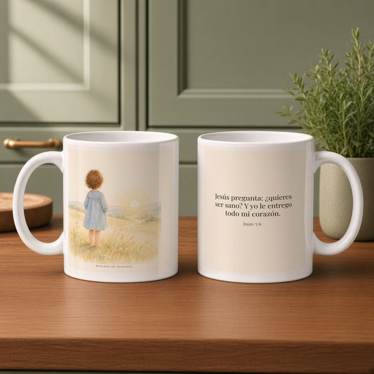El Señor me pregunta: ¿quieres ser sano? | Taza bíblica de cerámica | Juan 5:6 — 11oz · Cocina verde salvia, arte y frase devocional en dos tazas