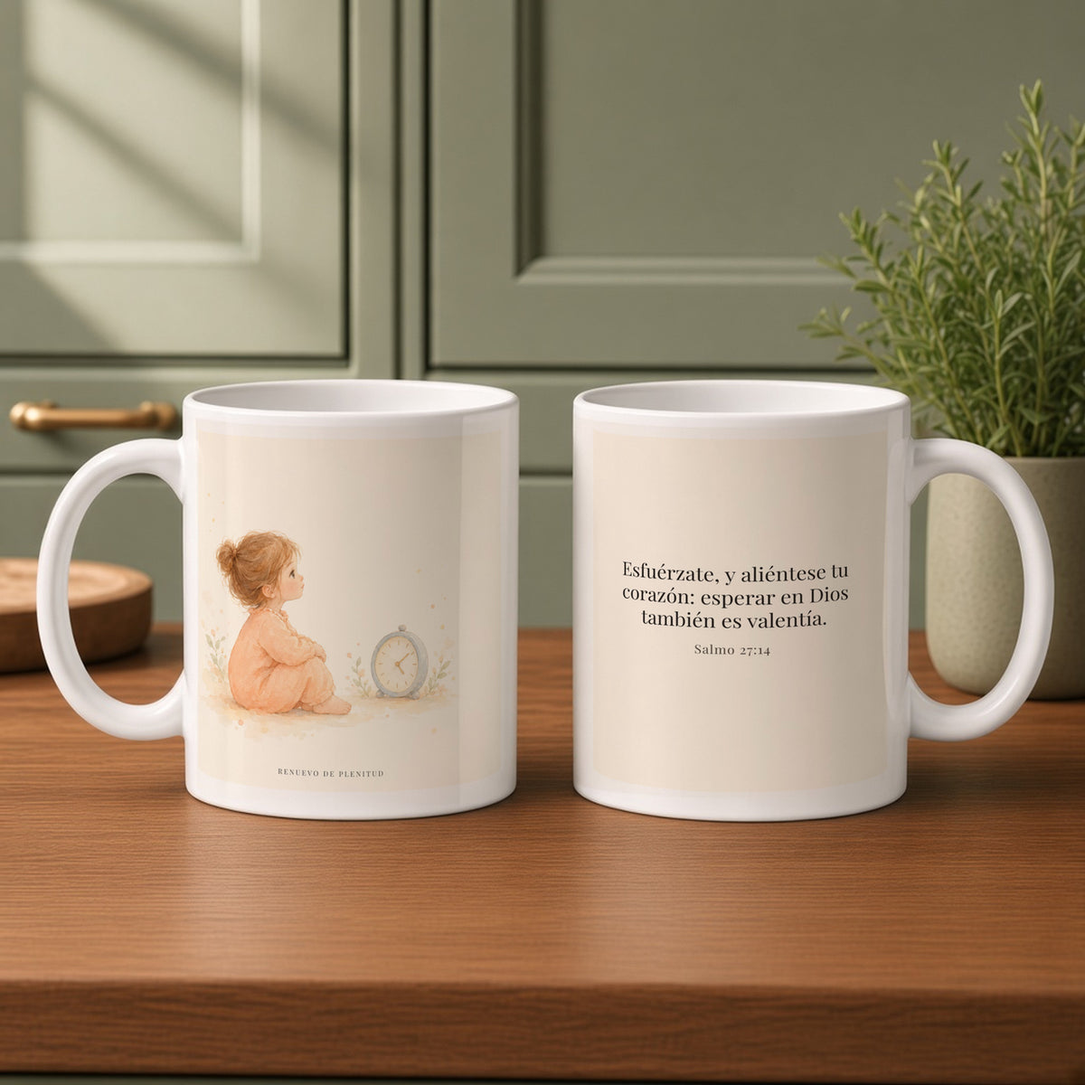 Esfuérzate, y aliéntese tu corazón | Taza bíblica para café | Salmo 27:14 — 11oz · Cocina verde salvia, arte y frase devocional en dos tazas