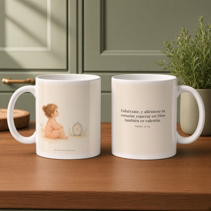 Esfuérzate, y aliéntese tu corazón | Taza bíblica para café | Salmo 27:14 — 11oz · Cocina verde salvia, arte y frase devocional en dos tazas