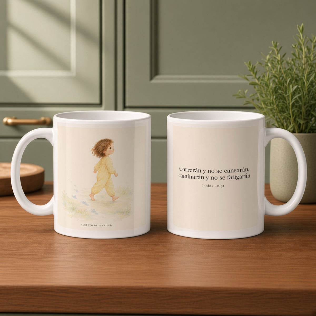 Correrán y no se cansarán | Taza devocional de fe | Isaías 40:31 — 11oz · Cocina verde salvia, arte y frase devocional en dos tazas
