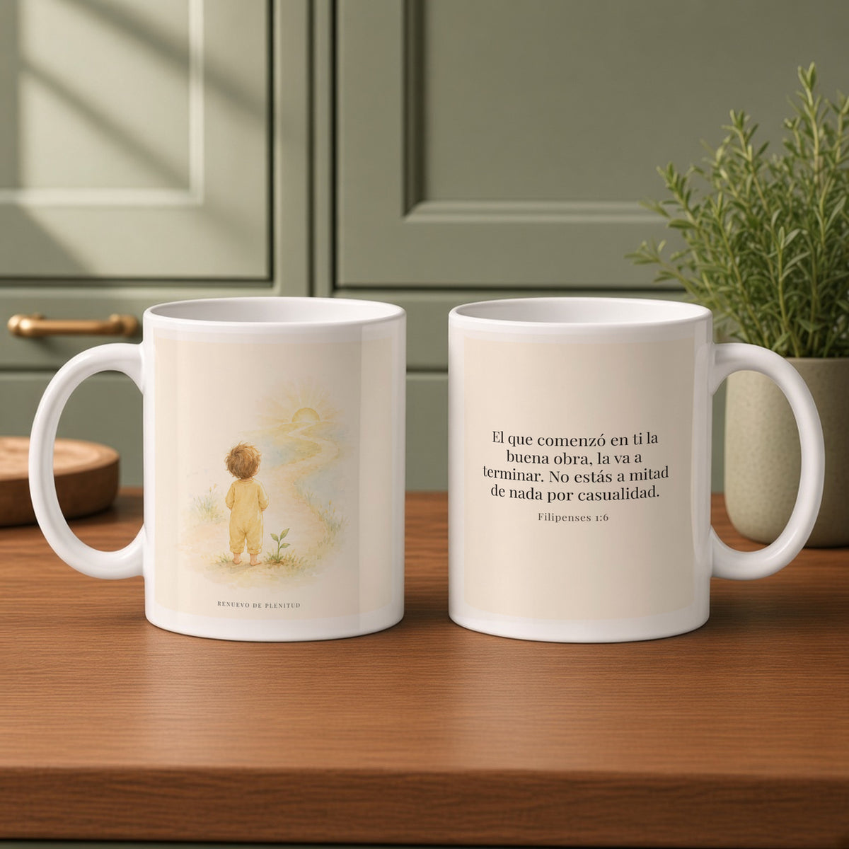 Dios terminará la buena obra que empezó en mí | Taza bíblica de cerámica | Filipenses 1:6 — 11oz · Cocina verde salvia, arte y frase devocional en dos tazas