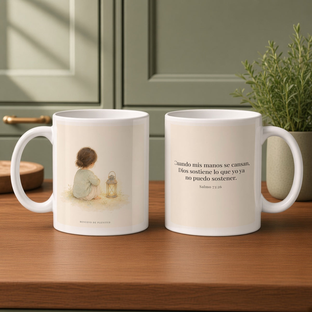 Dios sostiene lo que yo ya no puedo sostener | Taza de inspiración bíblica | Salmo 73:26 — 11oz · Cocina verde salvia, arte y frase devocional en dos tazas