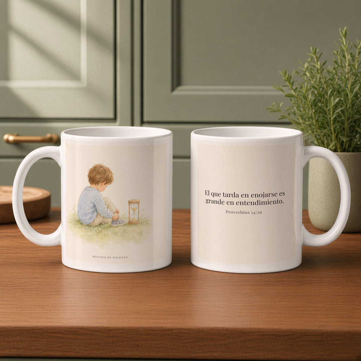 El que es lento para la ira es grande en entendimiento | Taza cristiana en dos tamaños | Proverbios 14:29 — 11oz · Cocina verde salvia, arte y frase devocional en dos tazas