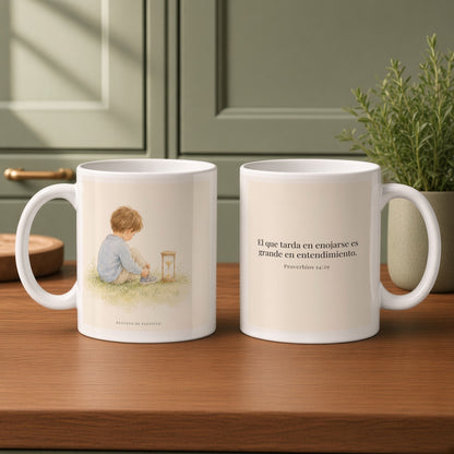 El que es lento para la ira es grande en entendimiento | Taza cristiana en dos tamaños | Proverbios 14:29 — 11oz · Cocina verde salvia, arte y frase devocional en dos tazas