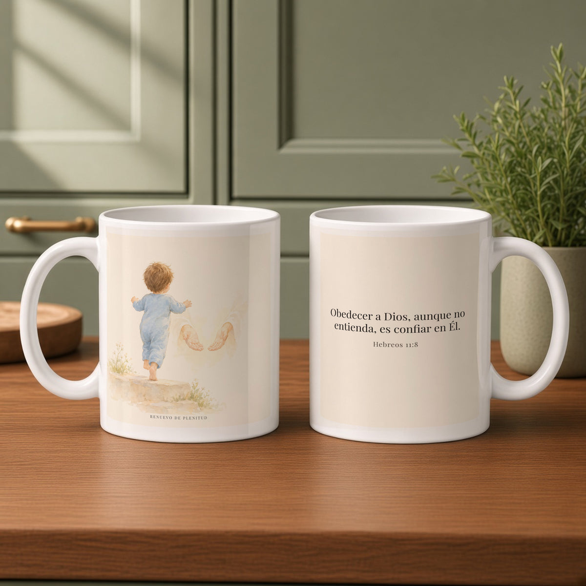 Obedecer a Dios es mi mayor valentía | Taza devocional ilustrada | Hebreos 11:8 — 11oz · Cocina verde salvia, arte y frase devocional en dos tazas