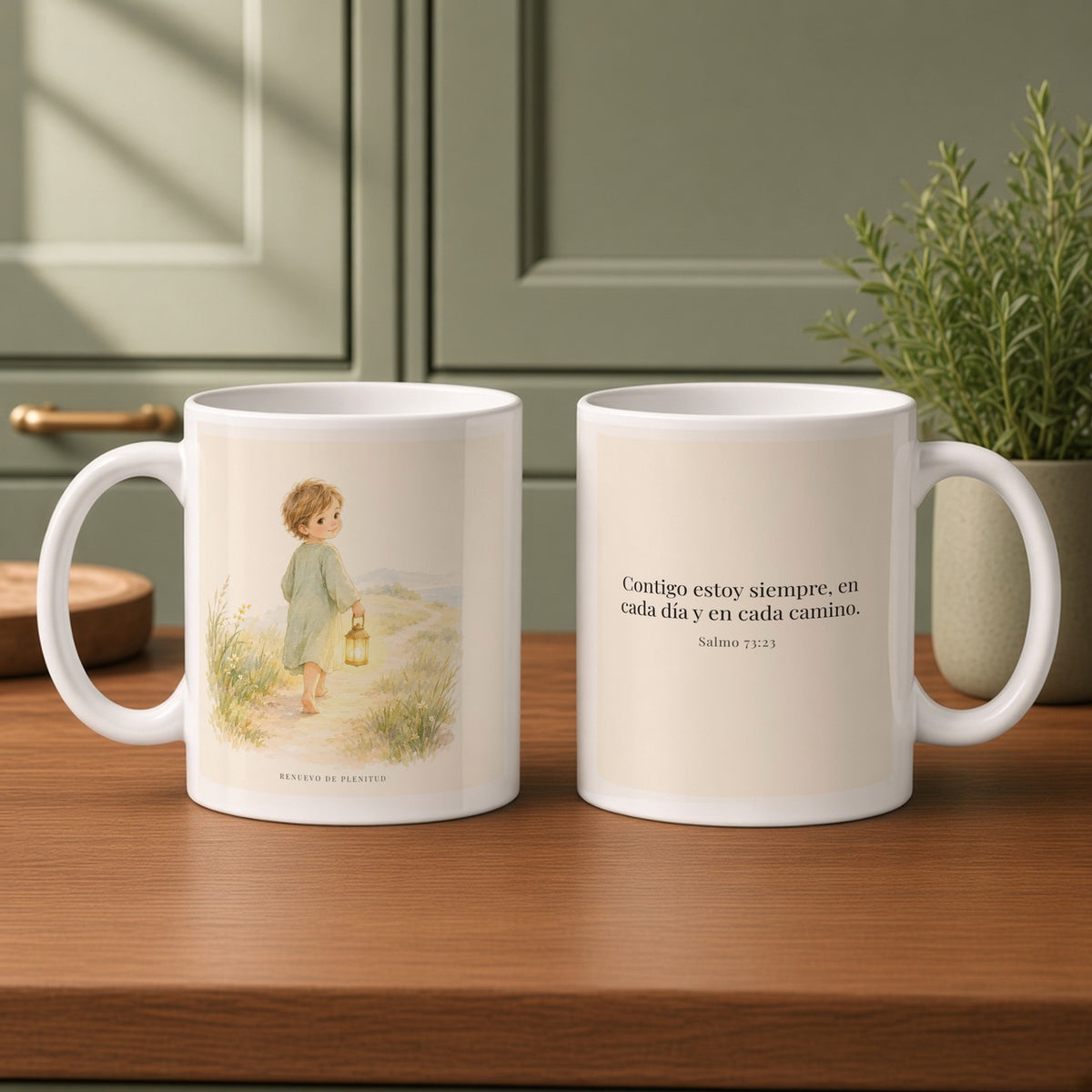 Contigo estoy siempre | Taza de inspiración bíblica | Salmo 73:23 — 11oz · Cocina verde salvia, arte y frase devocional en dos tazas