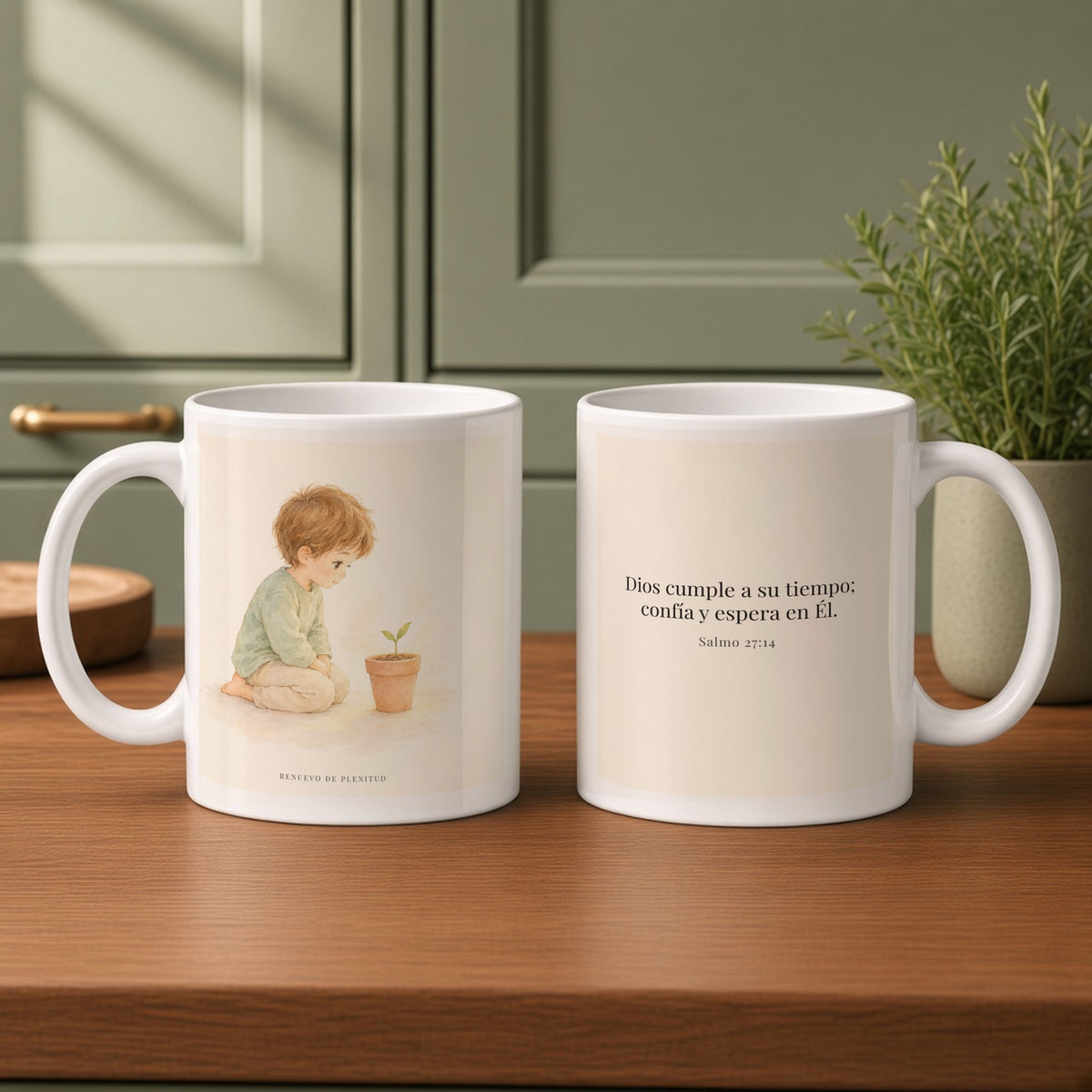 El Señor nunca llega tarde | Taza de inspiración bíblica | Salmo 27:14 — 11oz · Cocina verde salvia, arte y frase devocional en dos tazas