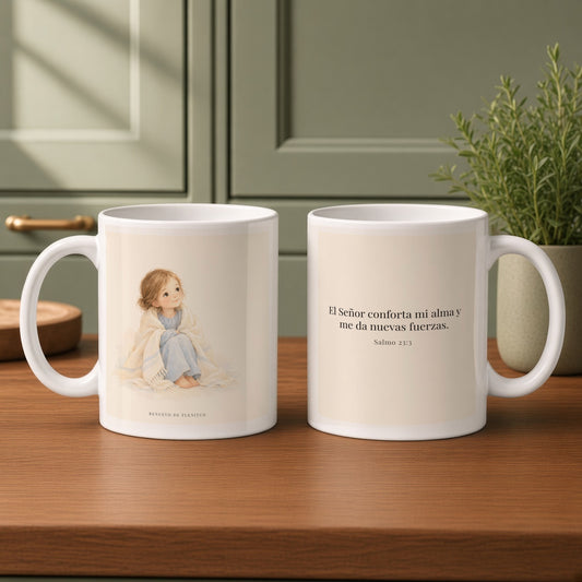 El Señor conforta mi alma | Taza de fe para cada mañana | Salmo 23:3 — 11oz · Cocina verde salvia, arte y frase devocional en dos tazas