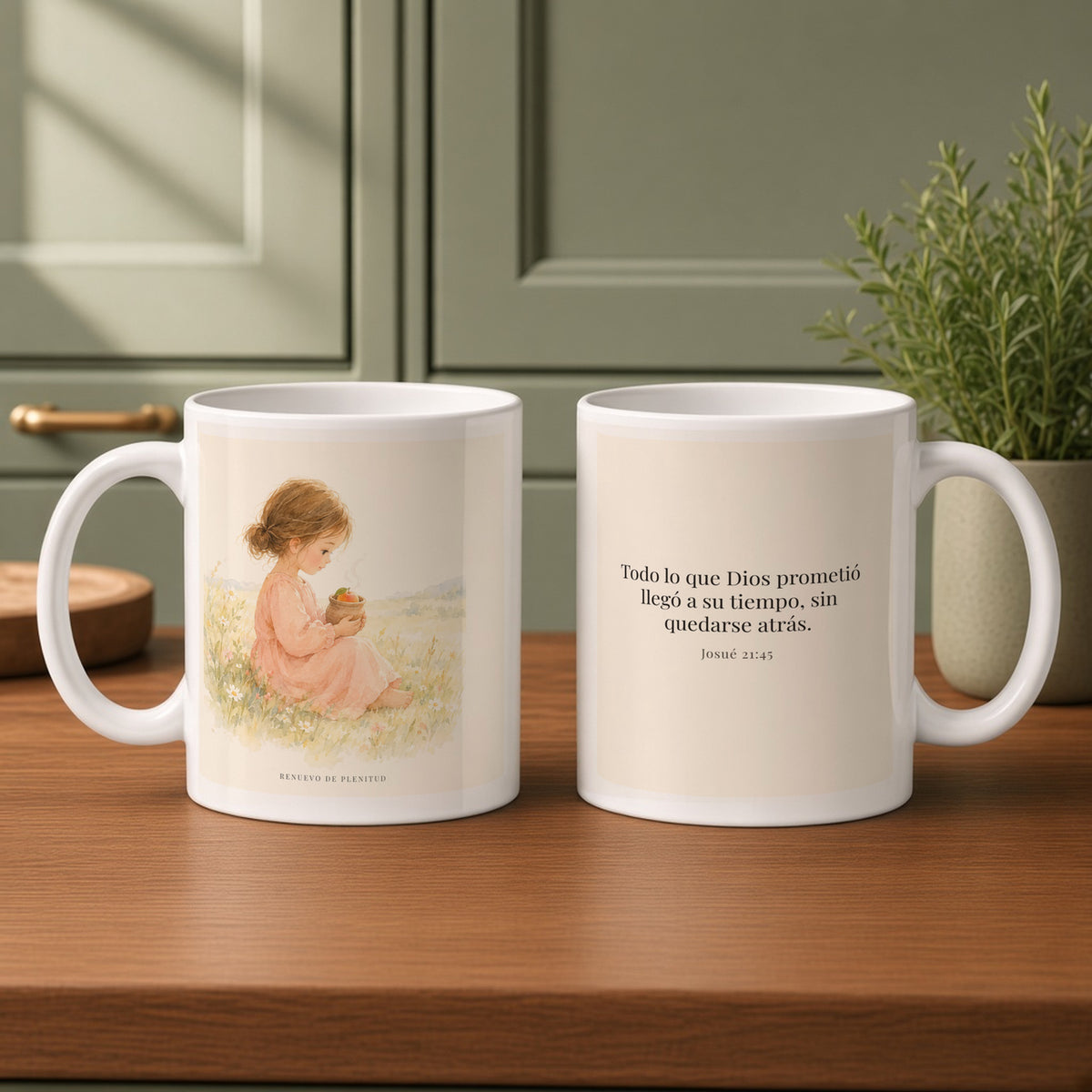 Todo lo que Dios prometió llegó a su tiempo | Taza de fe para cada mañana | Josué 21:45 — 11oz · Cocina verde salvia, arte y frase devocional en dos tazas