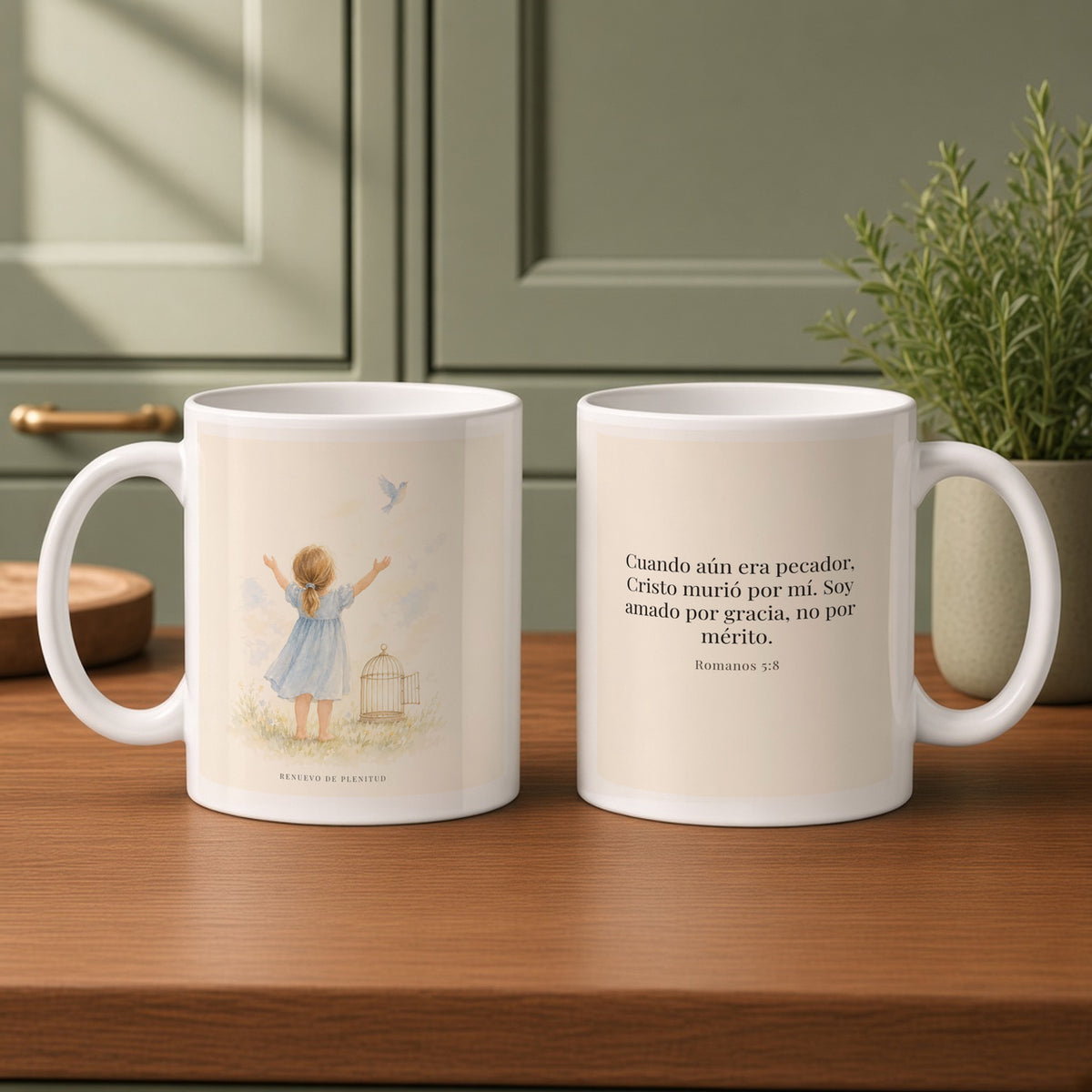 Cristo murió por mí siendo yo pecador | Taza con arte cristiano | Romanos 5:8 — 11oz · Cocina verde salvia, arte y frase devocional en dos tazas