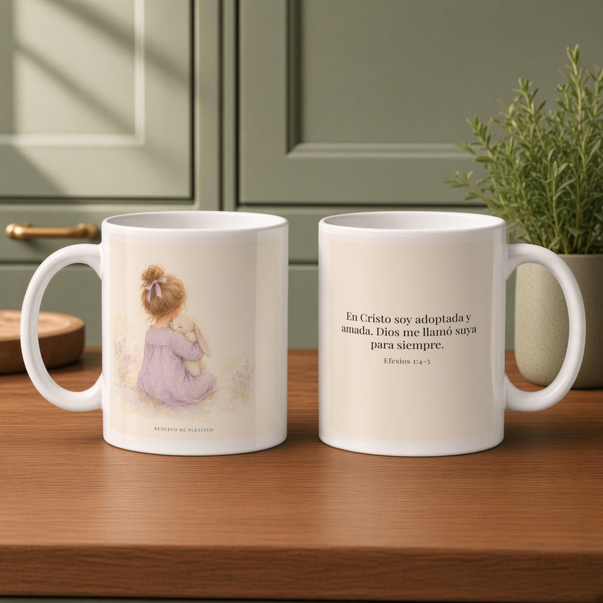 Soy hija amada de Dios en Cristo | Taza bíblica para café | Efesios 1:4-5 — 11oz · Cocina verde salvia, arte y frase devocional en dos tazas