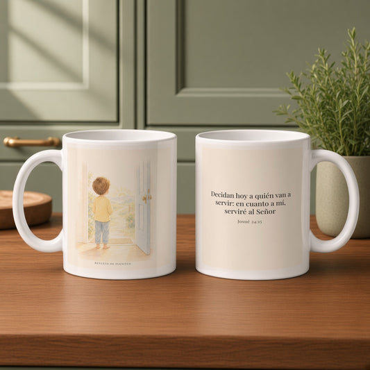 Decidan hoy a quién van a servir | Taza de fe para cada mañana | Josué 24:15 — 11oz · Cocina verde salvia, arte y frase devocional en dos tazas