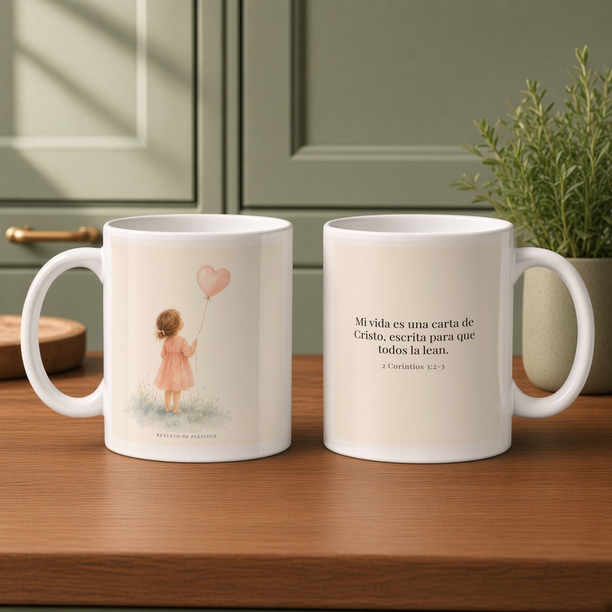 Mi vida es una carta de Cristo | Taza devocional ilustrada | 2 Corintios 3:2-3 — 11oz · Cocina verde salvia, arte y frase devocional en dos tazas