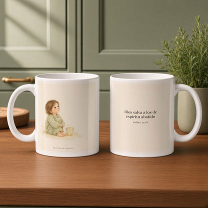 Dios salva al espíritu abatido | Taza bíblica para café | Salmo 34:18 — 11oz · Cocina verde salvia, arte y frase devocional en dos tazas