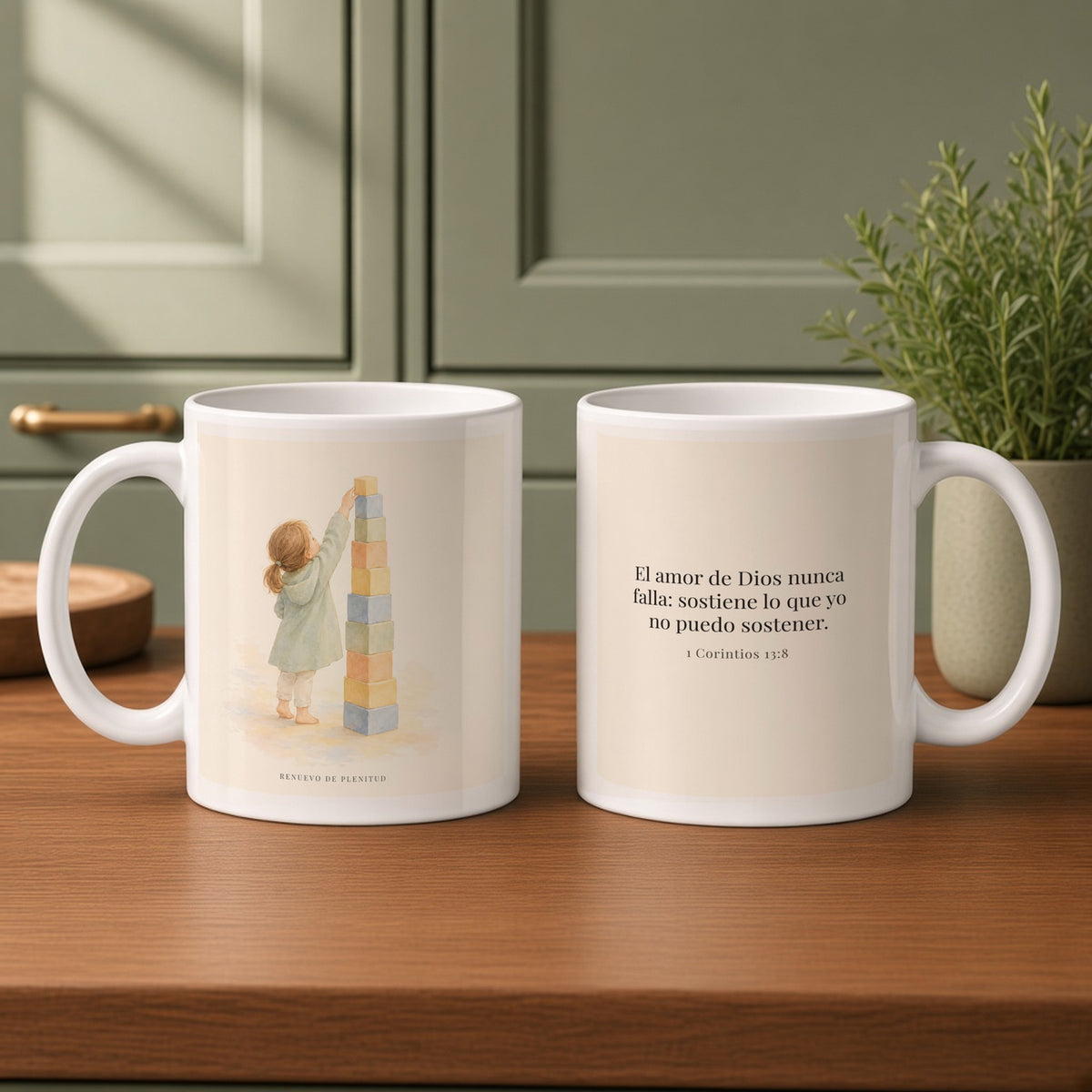 El amor de Dios nunca falla | Taza de fe para cada mañana | 1 Corintios 13:8 — 11oz · Cocina verde salvia, arte y frase devocional en dos tazas