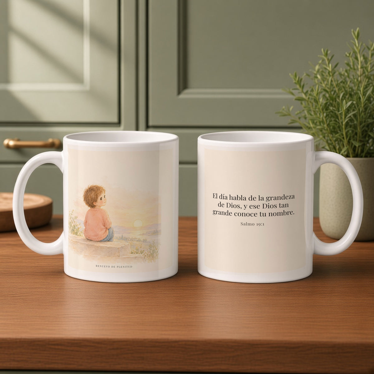 El día habla de la grandeza de Dios | Taza con arte cristiano | Salmo 19:1 — 11oz · Cocina verde salvia, arte y frase devocional en dos tazas