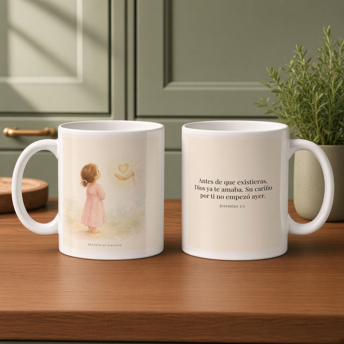 Dios ya me amaba desde antes | Taza de inspiración bíblica | Jeremías 1:5 — 11oz · Cocina verde salvia, arte y frase devocional en dos tazas