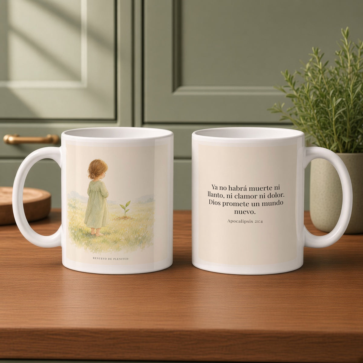 Ya no habrá muerte ni dolor | Taza cristiana para regalar | Apocalipsis 21:4 — 11oz · Cocina verde salvia, arte y frase devocional en dos tazas
