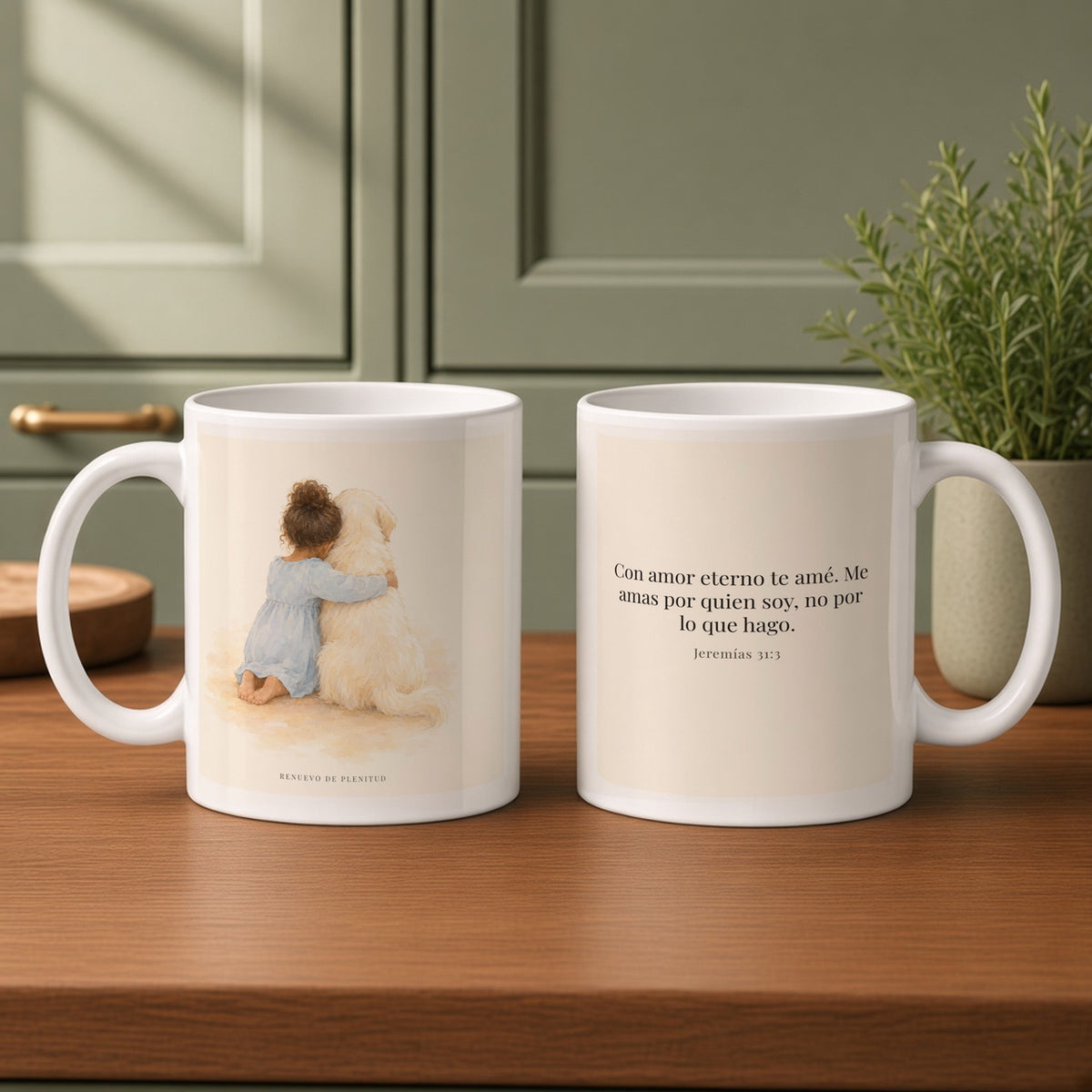 Con amor eterno te amé | Taza cristiana para regalar | Jeremías 31:3 — 11oz · Cocina verde salvia, arte y frase devocional en dos tazas