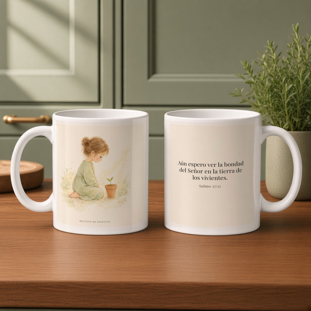 El Señor es bueno y yo veré su bondad | Taza bíblica de cerámica | Salmo 27:13 — 11oz · Cocina verde salvia, arte y frase devocional en dos tazas