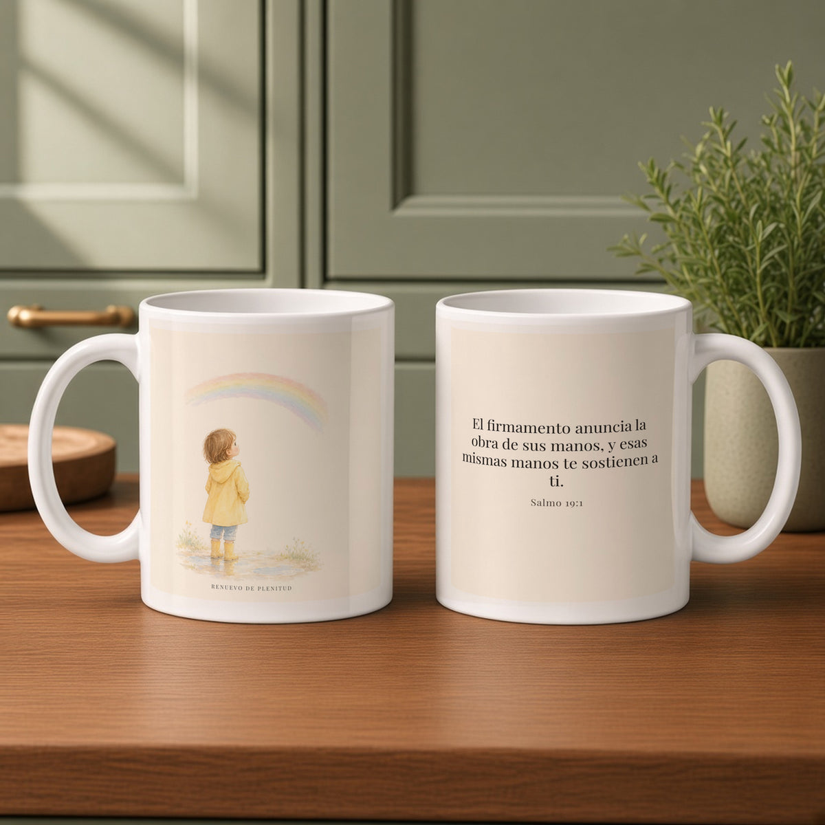 El firmamento anuncia la obra de sus manos | Taza bíblica para café | Salmo 19:1 — 11oz · Cocina verde salvia, arte y frase devocional en dos tazas