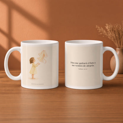 Dios me vestirá de alegría | Taza devocional ilustrada | Salmo 30:11 — 11oz · Desayuno terracota, arte y frase devocional en dos tazas