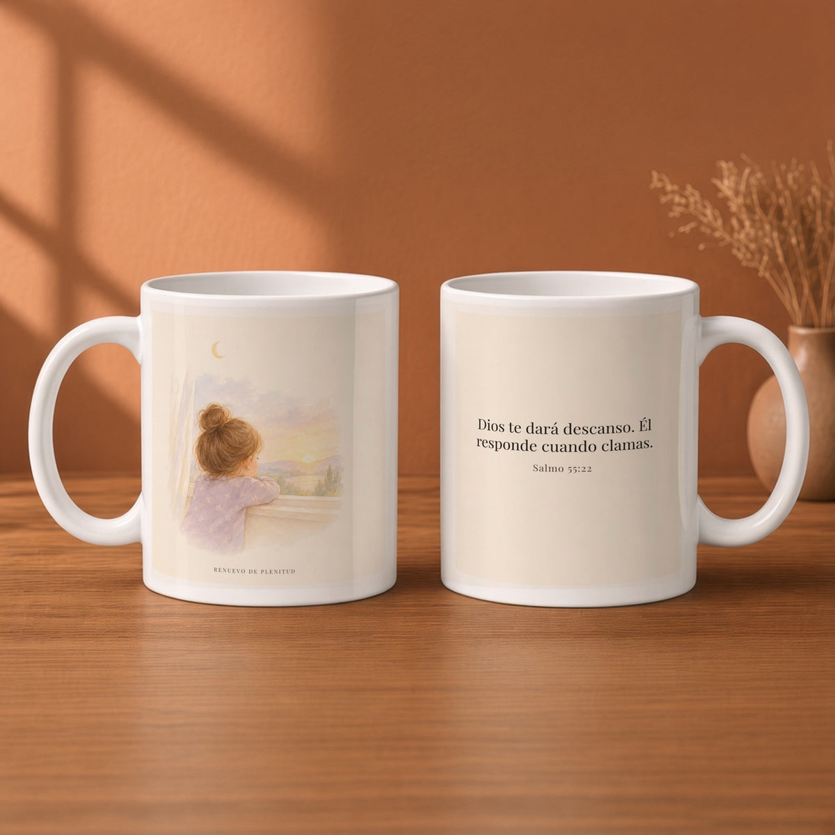 Dios te dará descanso | Taza cristiana para regalar | Salmo 55:22 — 11oz · Desayuno terracota, arte y frase devocional en dos tazas