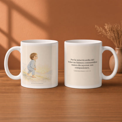 Por la misericordia de Jehová no fuimos consumidos | Taza de fe para cada mañana | Lamentaciones 3:22-23 — 11oz · Desayuno terracota, arte y frase devocional en dos tazas