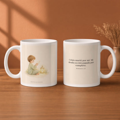 Cristo pagó lo que yo no podía pagar | Taza cristiana con frase devocional | Romanos 5:8 — 11oz · Desayuno terracota, arte y frase devocional en dos tazas