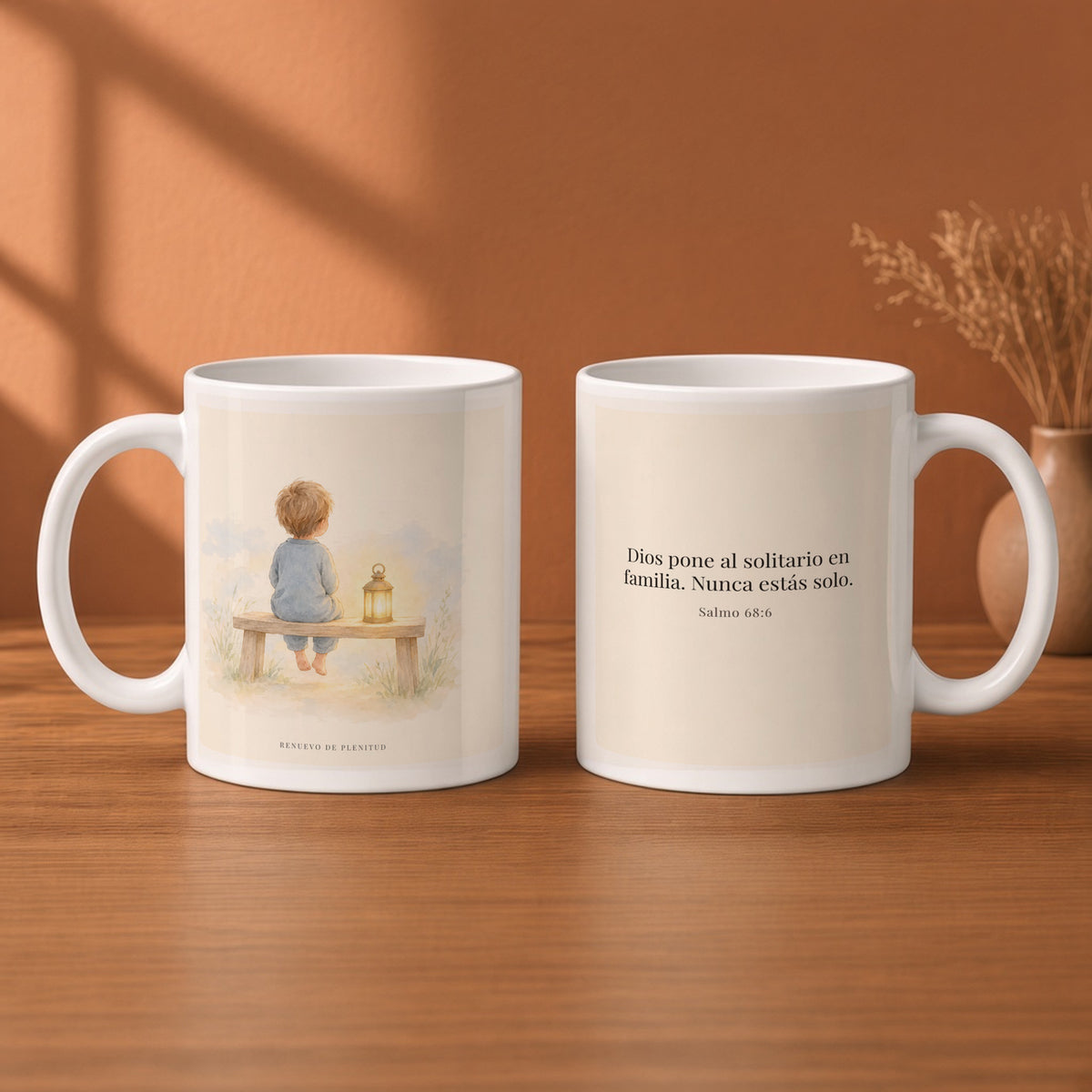 Dios pone al solitario en familia | Taza devocional de fe | Salmo 68:6 — 11oz · Desayuno terracota, arte y frase devocional en dos tazas