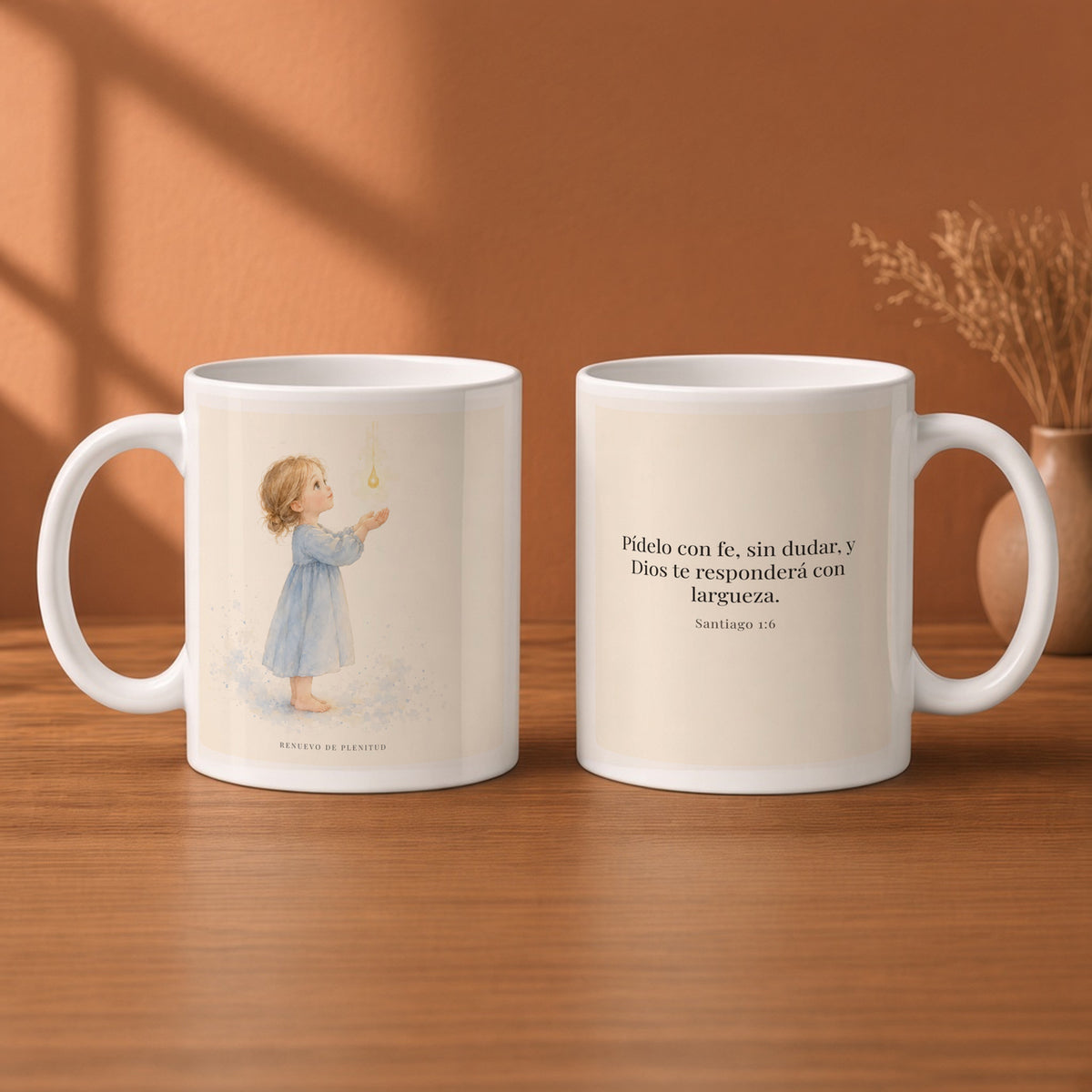 Dios dará sin dudar al que pide con fe | Taza devocional de fe | Santiago 1:6 — 11oz · Desayuno terracota, arte y frase devocional en dos tazas
