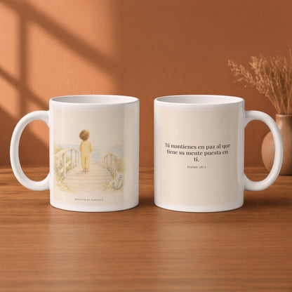 El Señor me sostiene en pensamiento firme | Taza devocional ilustrada | Isaías 26:3 — 11oz · Desayuno terracota, arte y frase devocional en dos tazas