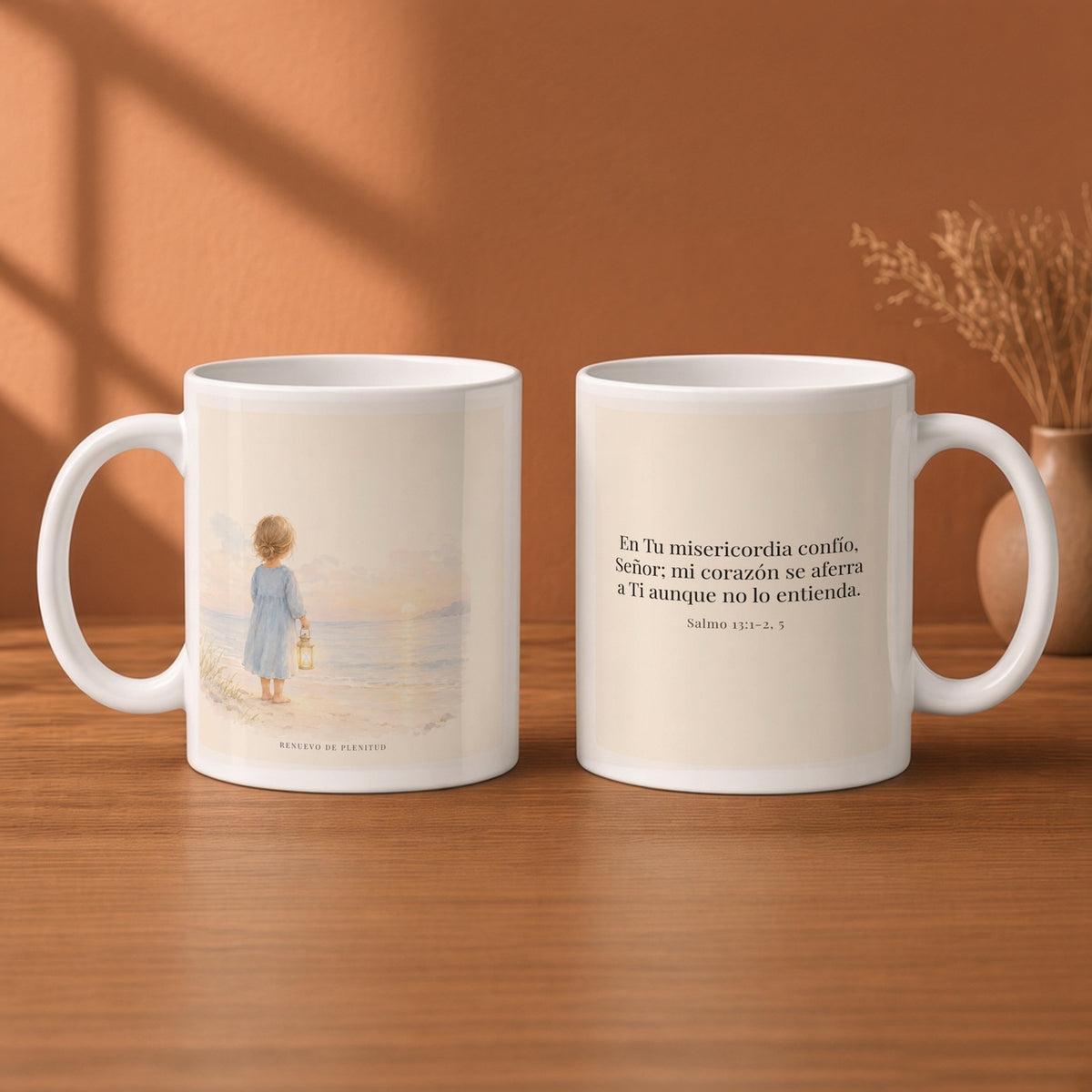 En Tu misericordia confío, Señor | Taza con arte cristiano | Salmo 13:1-2, 5 — 11oz · Desayuno terracota, arte y frase devocional en dos tazas