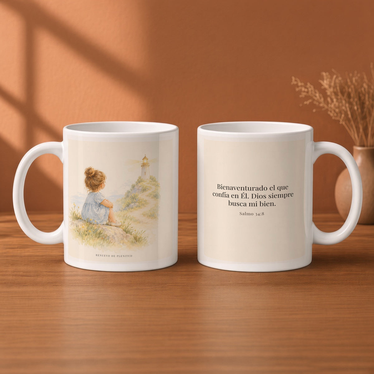 Bienaventurado el que confía en Él | Taza de fe para cada mañana | Salmo 34:8 — 11oz · Desayuno terracota, arte y frase devocional en dos tazas
