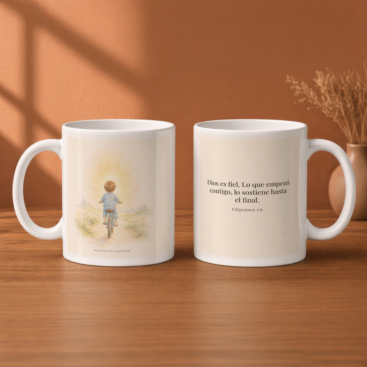 Dios es fiel y no deja a medias lo que promete | Taza bíblica de cerámica | Filipenses 1:6 — 11oz · Desayuno terracota, arte y frase devocional en dos tazas