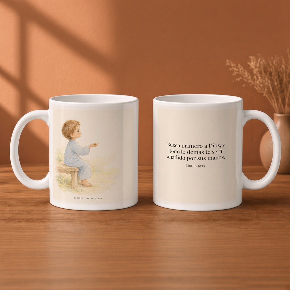 Todo lo demás os será añadido | Taza bíblica de cerámica | Mateo 6:33 — 11oz · Desayuno terracota, arte y frase devocional en dos tazas