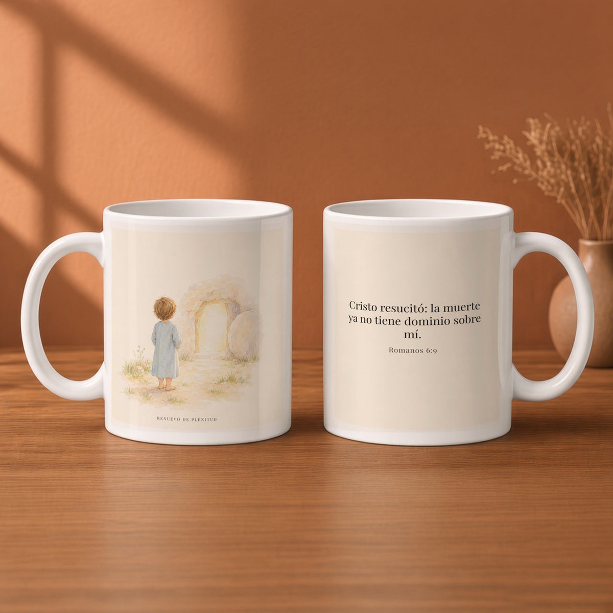 Cristo vive y la muerte ya no reina | Taza cristiana en dos tamaños | Romanos 6:9 — 11oz · Desayuno terracota, arte y frase devocional en dos tazas