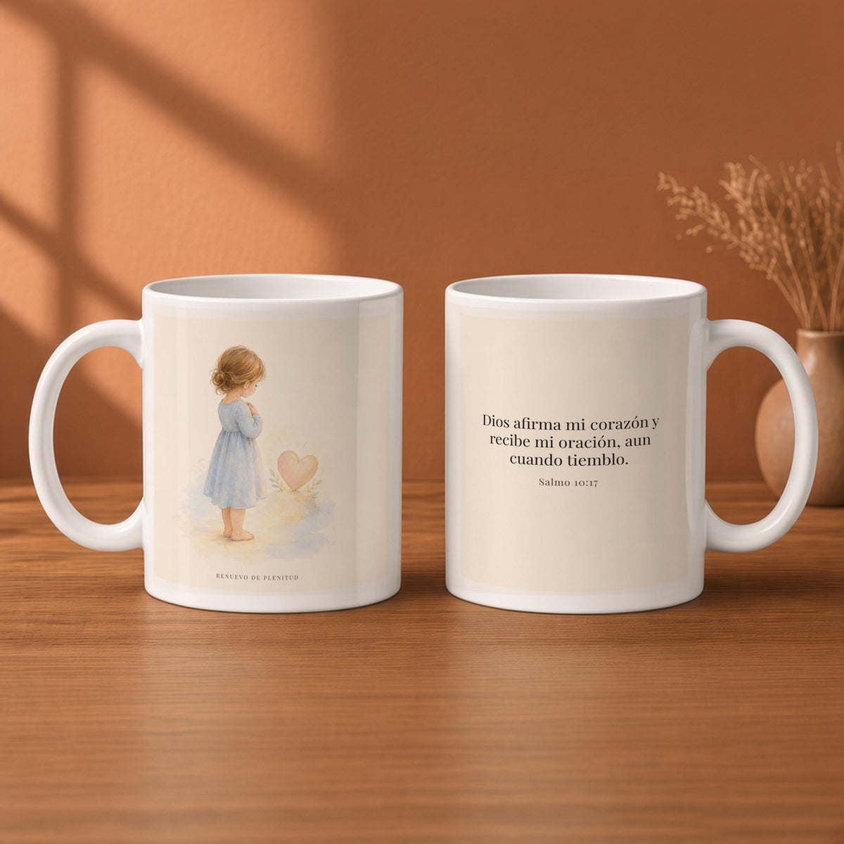 Dios dispone mi corazón cuando oro | Taza de inspiración bíblica | Salmo 10:17 — 11oz · Desayuno terracota, arte y frase devocional en dos tazas