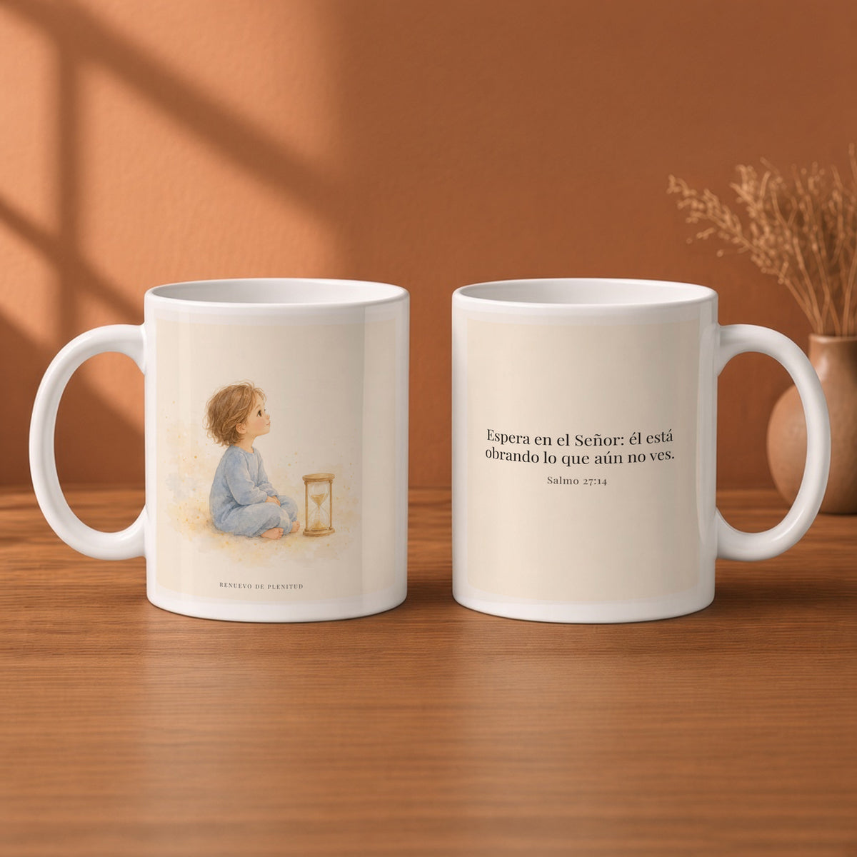 Espera en Jehová, y él te sostendrá | Taza con arte cristiano | Salmo 27:14 — 11oz · Desayuno terracota, arte y frase devocional en dos tazas